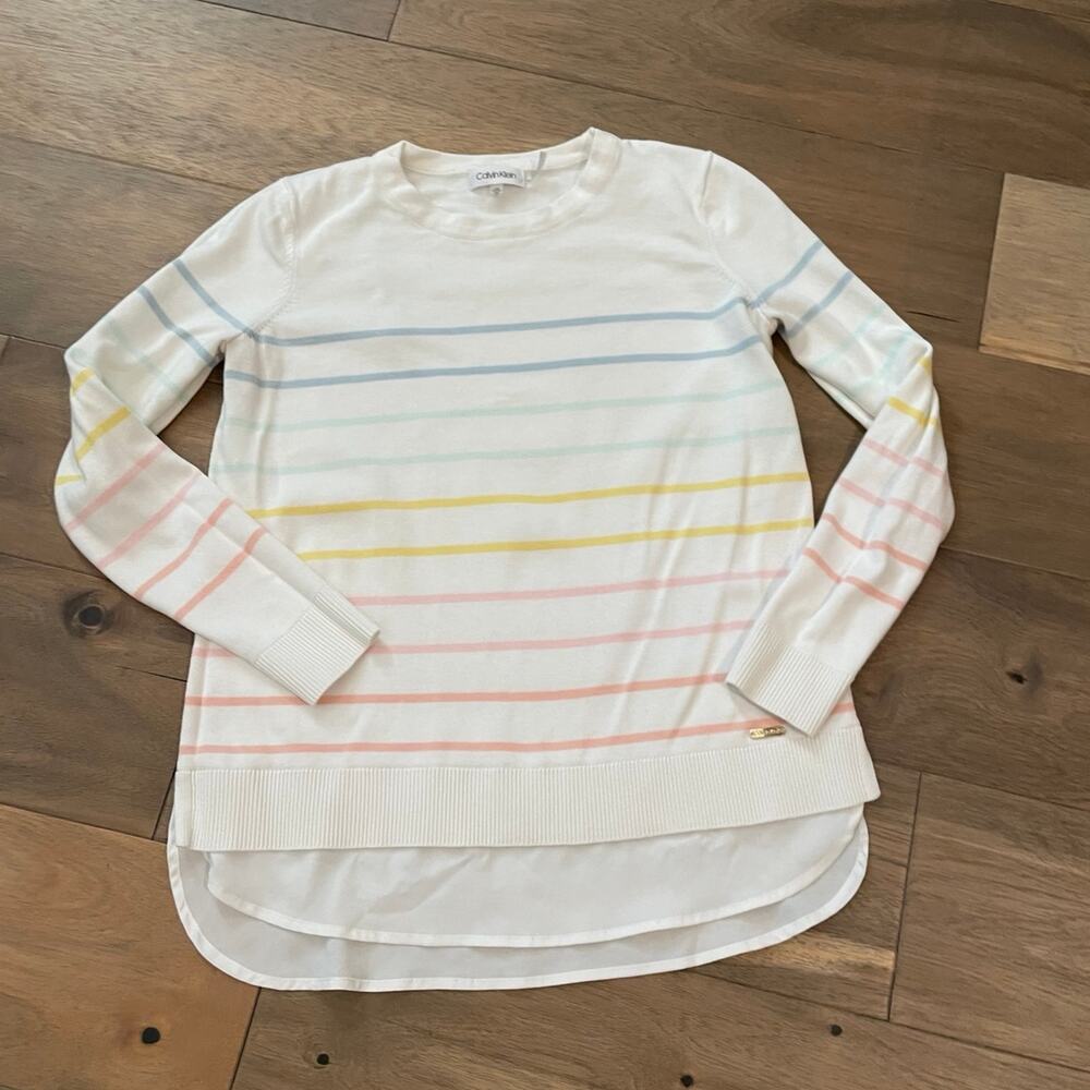 Calvin Klein Sheer Shirt Tail Hem Sweater Size XS White